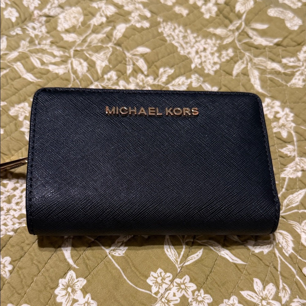 Michael Kors Black Saffiano Leather Zip Around Wallet with Gold Logo